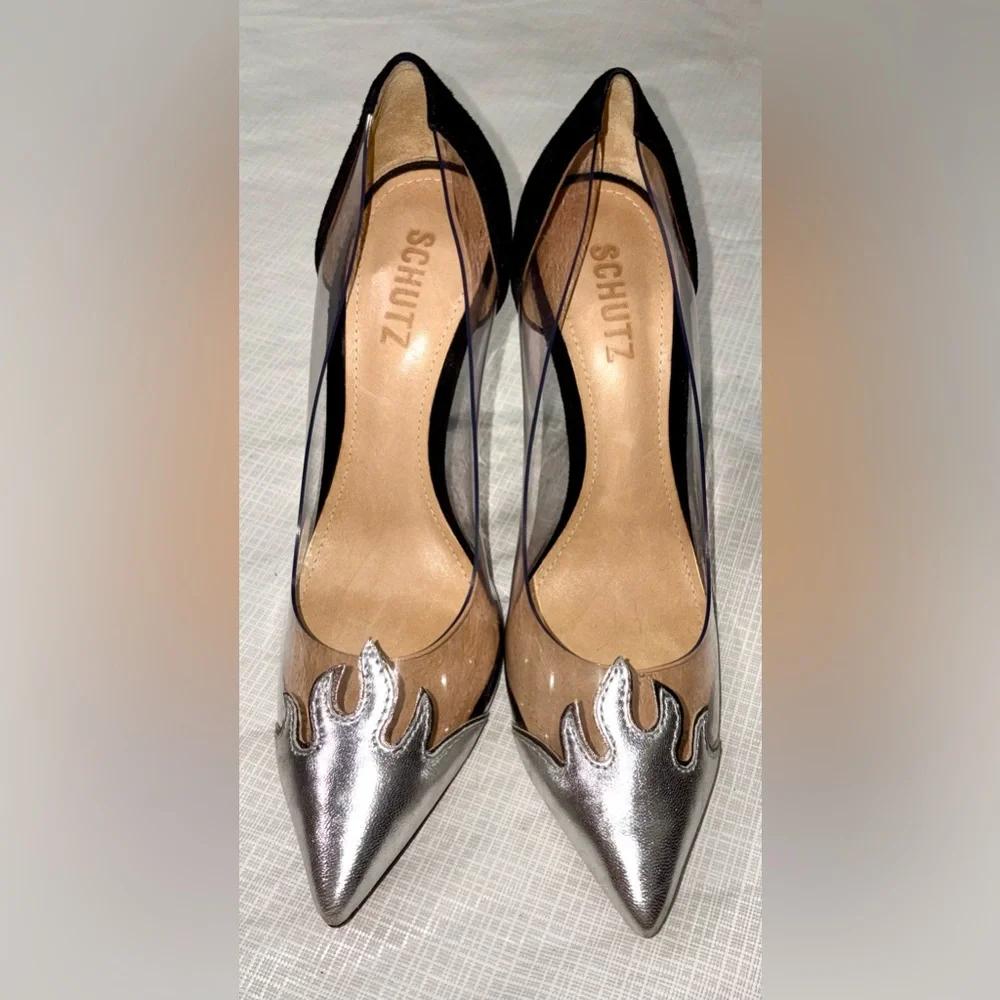 Schutz Den Flame Sz 7 Clear Panel Pointed-Toe Stiletto Pumps Silver Black suede - Picture 4 of 9